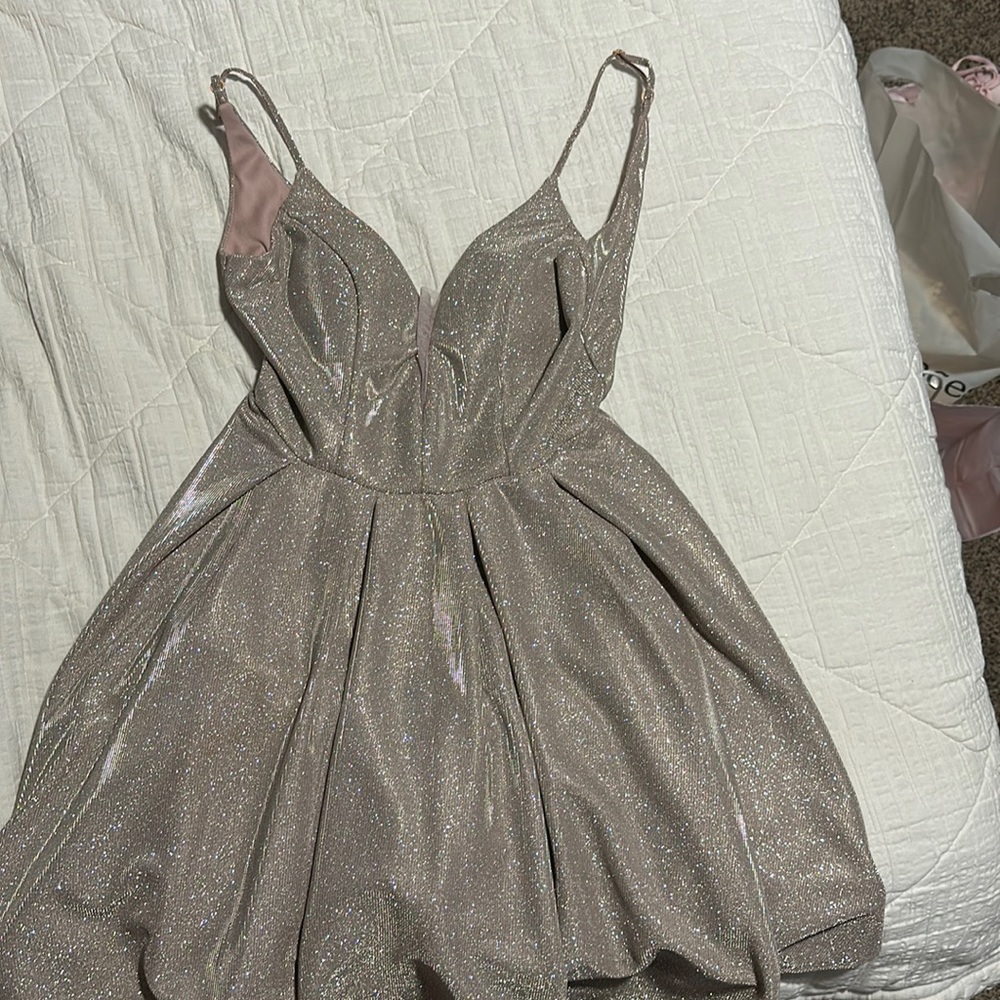 B Darlin Glitter Satin low V-back fit and flare